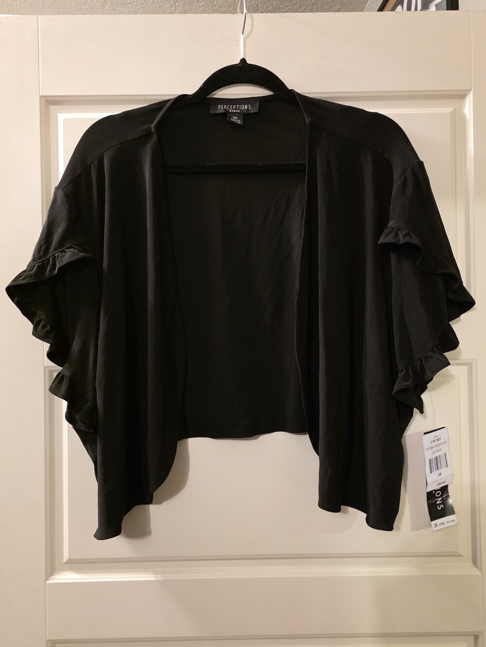 Perceptions Black Open-Front Ruffle Sleeve Shrug Size 3X